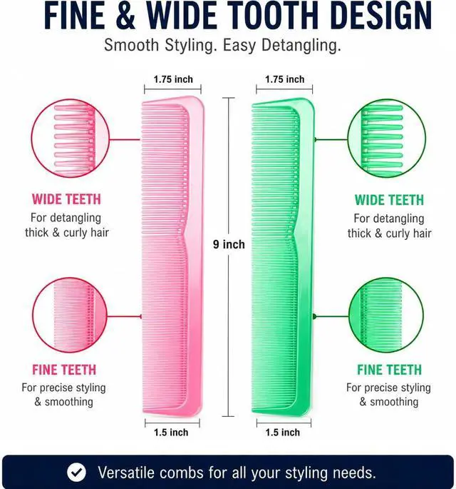 Alt view image 3 of 6 - 6 Pack Dressing Comb Set, 9 Inch Professional Dressing Combs with Fine & Wide Teeth, Durable Styling Barber Comb for Men Women, Detangling, Hair Cutting, Salon & Daily Grooming, Assorted Colors
