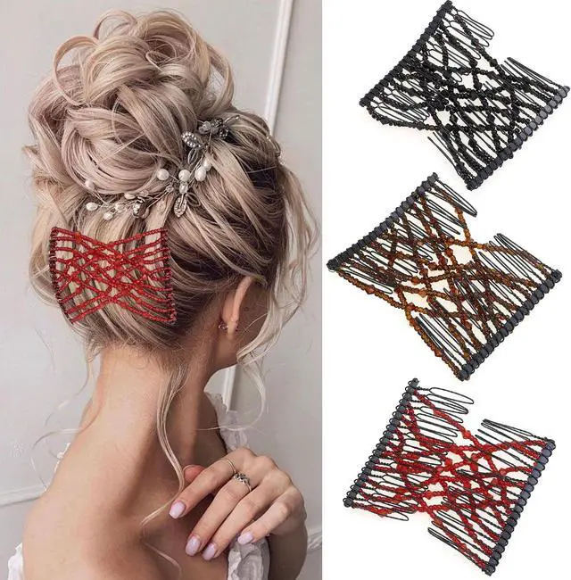 Alt view image 5 of 7 - 6 Pieces Magic Hair Comb Elastic Beaded Hair Clips Women Stretchy Bride Double Slides Hairpins Combs for Women Ladies Girls DIY Hair Styling Accessories