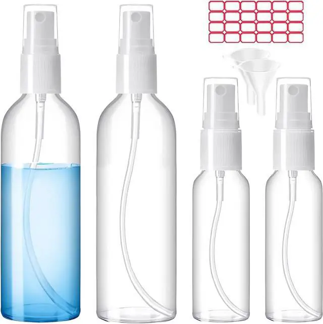Main image of Zoizocp Spray Bottles, 2oz/50ml, 3.4oz/100ml 4 Pack Clear Travel Bottle Set | Empty Fine Mist Plastic Mini Travel Bottle Set, Small Refillable Liquid Containers with 2 Pcs Funnels and 24 Pcs Labels