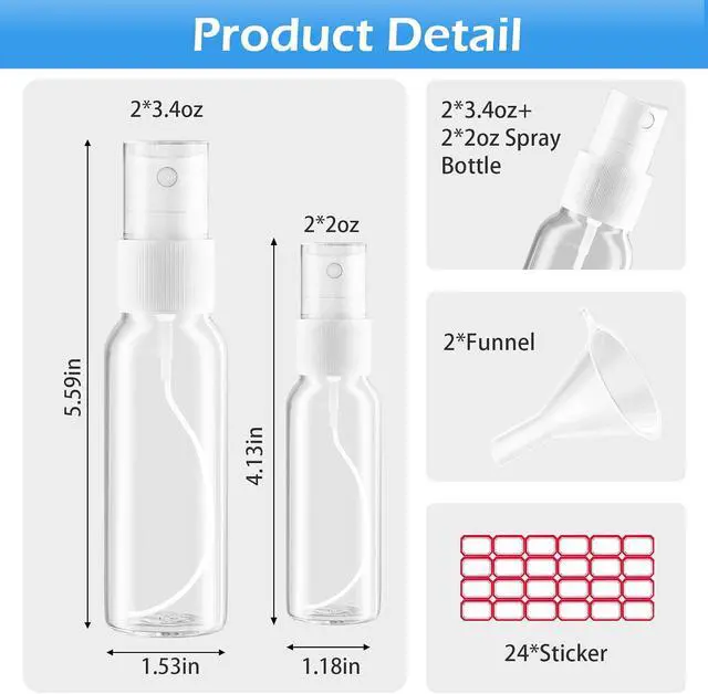 Alt view image 3 of 7 - Zoizocp Spray Bottles, 2oz/50ml, 3.4oz/100ml 4 Pack Clear Travel Bottle Set | Empty Fine Mist Plastic Mini Travel Bottle Set, Small Refillable Liquid Containers with 2 Pcs Funnels and 24 Pcs Labels