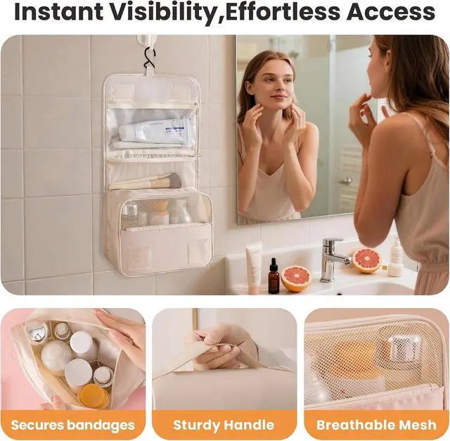 Alt view image 3 of 7 - Portable Hanging Toiletry Bag for Travel, Small Multifunctional Makeup Cosmetic Bag for Women, Waterproof Travel Toiletries Organizer, Shower Bathroom Pouch with Hook for Gym, Business Trips