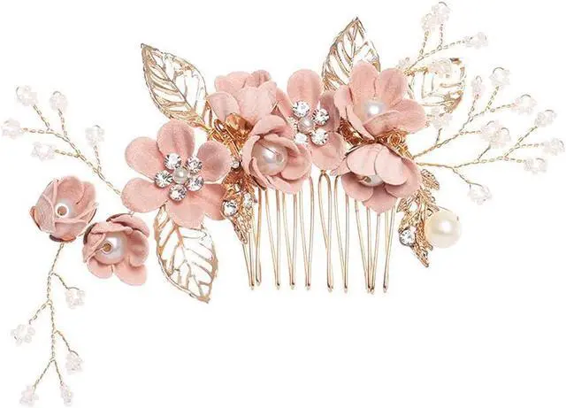 Main image of Hair Side Combs Bride Wedding Hair Comb Flowers Pearl Bridesmaids Hair Piece Accessories Vintage Bridal Hair Clips for Women and Girls (Pink)