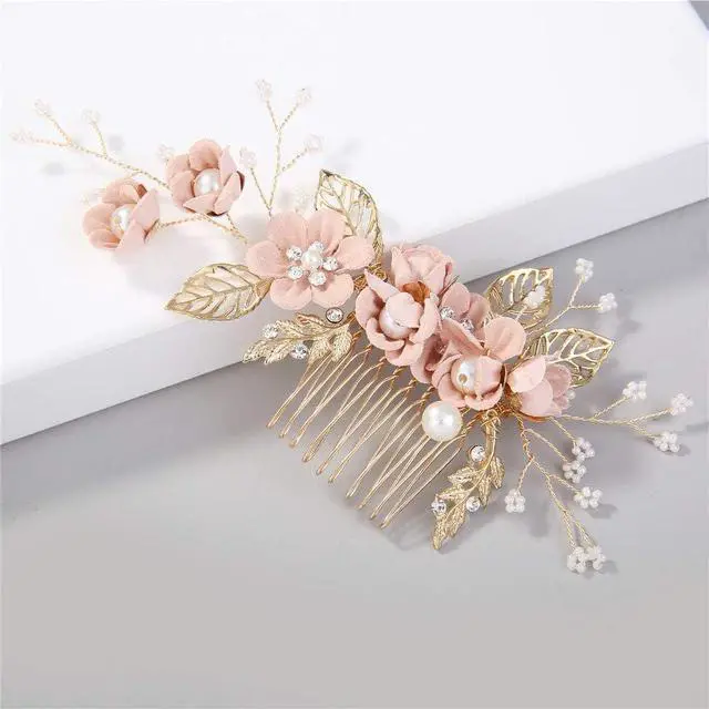 Alt view image 2 of 6 - Hair Side Combs Bride Wedding Hair Comb Flowers Pearl Bridesmaids Hair Piece Accessories Vintage Bridal Hair Clips for Women and Girls (Pink)