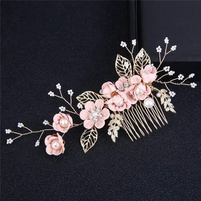 Alt view image 3 of 6 - Hair Side Combs Bride Wedding Hair Comb Flowers Pearl Bridesmaids Hair Piece Accessories Vintage Bridal Hair Clips for Women and Girls (Pink)