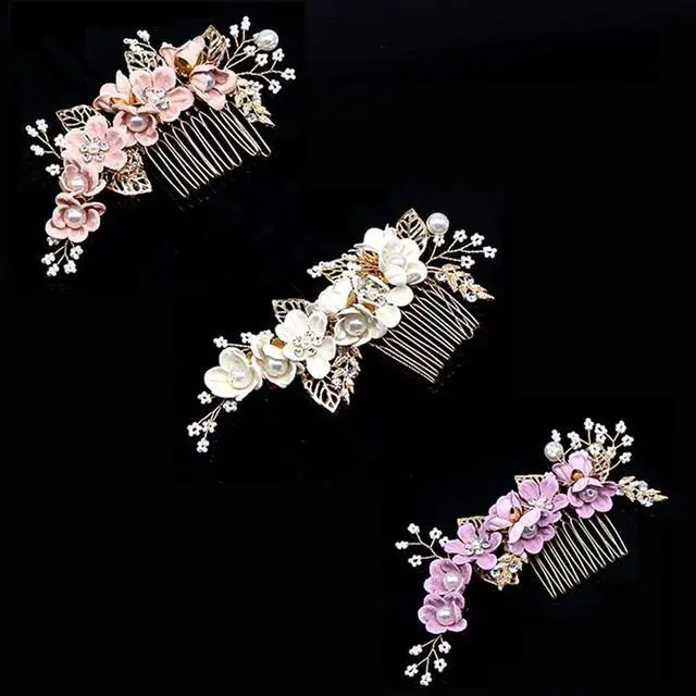 Alt view image 6 of 6 - Hair Side Combs Bride Wedding Hair Comb Flowers Pearl Bridesmaids Hair Piece Accessories Vintage Bridal Hair Clips for Women and Girls (Pink)