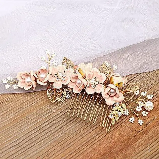 Alt view image 4 of 6 - Hair Side Combs Bride Wedding Hair Comb Flowers Pearl Bridesmaids Hair Piece Accessories Vintage Bridal Hair Clips for Women and Girls (Pink)