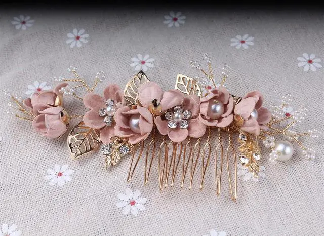 Alt view image 5 of 6 - Hair Side Combs Bride Wedding Hair Comb Flowers Pearl Bridesmaids Hair Piece Accessories Vintage Bridal Hair Clips for Women and Girls (Pink)