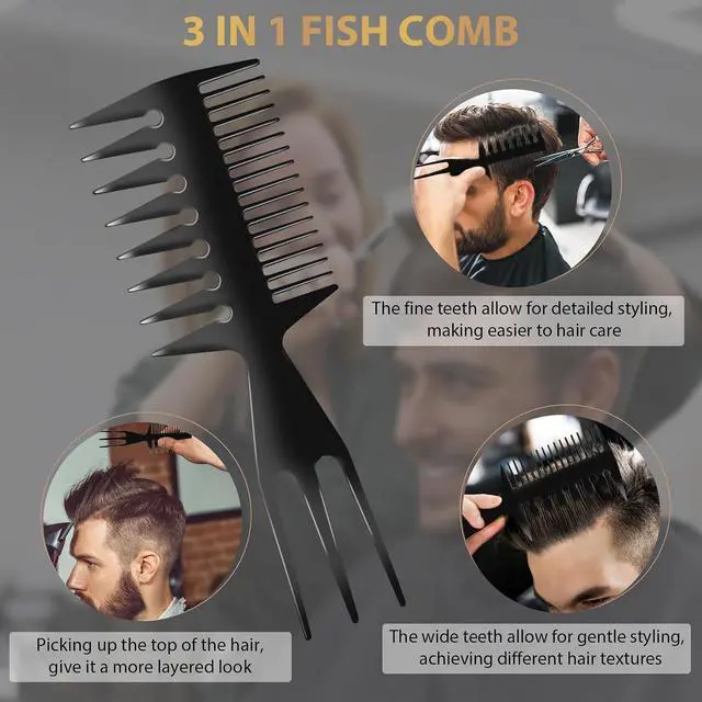 Alt view image 5 of 7 - DUAIU 3Pcs Hair Styling Comb Set for Men, with Barber Accessories 3 in 1 Fish Tail Bone Shape Comb, Wide Tooth Comb, Texture Comb for Slicked-back, Quiff, Pompadour, Fauxhawk, Undercut