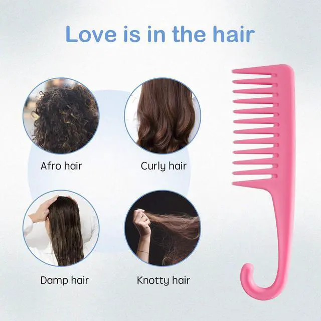Alt view image 2 of 6 - Wapodeai Wide Tooth Comb Shower Comb With Hook, Pink | Good for Curly Hair Wet Dry, Premium Tangle Free Combs