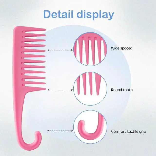 Alt view image 4 of 6 - Wapodeai Wide Tooth Comb Shower Comb With Hook, Pink | Good for Curly Hair Wet Dry, Premium Tangle Free Combs