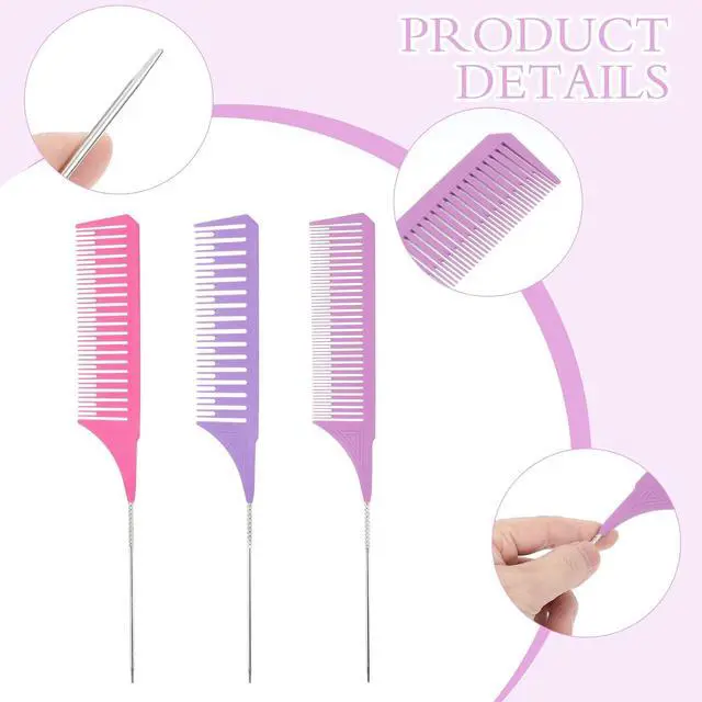Alt view image 2 of 7 - 3 Pieces Foiling Comb for Highlighting, 3 Piece Colorful Rat Tail Comb Highlight Weaving Combs for Highlighting Metal Long Steel Pin Hair Dye Combs for Hair Stylist Salon Barbershop Home