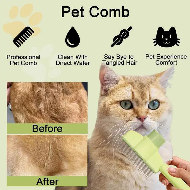 Alt view image 3 of 7 - Dogs and Cats Comb with Release Button, Pet Hair Removal Tools with Safe Stainless Steel Teeth for Deshedding, Cat Grooming Supplies for Long/Short Hair, Cat Brush for Shedding, Green