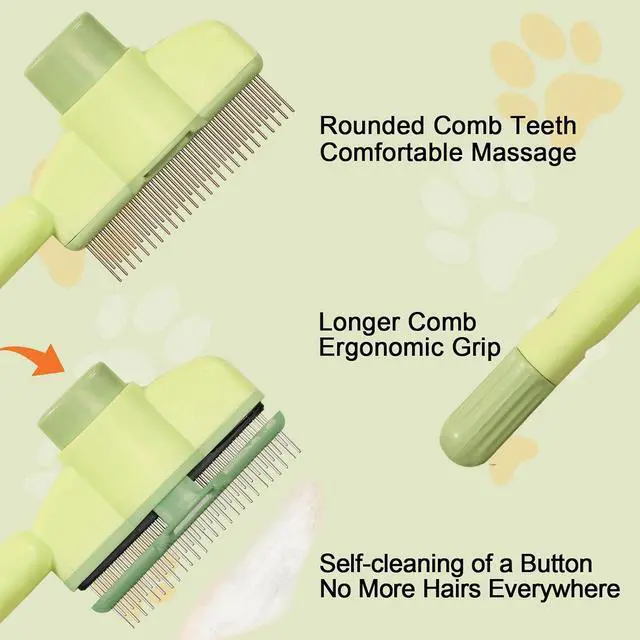 Alt view image 4 of 7 - Dogs and Cats Comb with Release Button, Pet Hair Removal Tools with Safe Stainless Steel Teeth for Deshedding, Cat Grooming Supplies for Long/Short Hair, Cat Brush for Shedding, Green