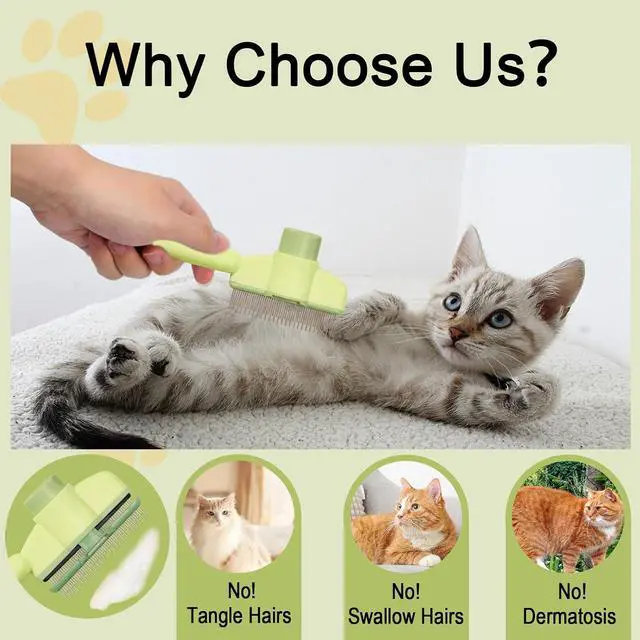 Alt view image 5 of 7 - Dogs and Cats Comb with Release Button, Pet Hair Removal Tools with Safe Stainless Steel Teeth for Deshedding, Cat Grooming Supplies for Long/Short Hair, Cat Brush for Shedding, Green