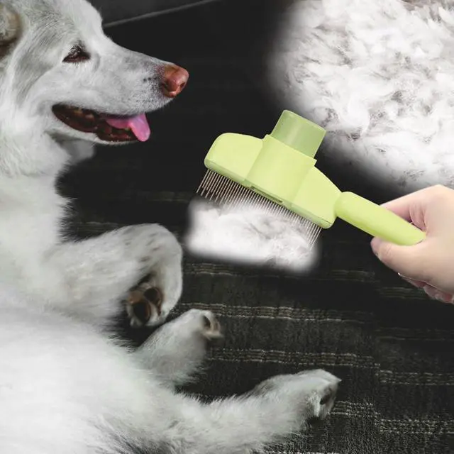 Alt view image 7 of 7 - Dogs and Cats Comb with Release Button, Pet Hair Removal Tools with Safe Stainless Steel Teeth for Deshedding, Cat Grooming Supplies for Long/Short Hair, Cat Brush for Shedding, Green