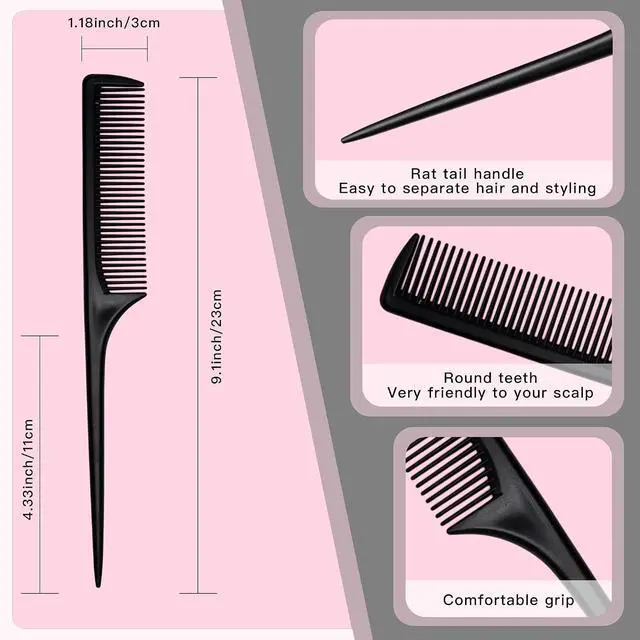 Alt view image 3 of 7 - 4 Pcs Rat Tail Comb Set for Women -Fine Tooth Styling comb with Pick, Anti-Static Heat Resistant Teasing Comb,Professional Hair Parting Tools for Smooth Detangling, Updos & Salon-Perfect Hairstyles.