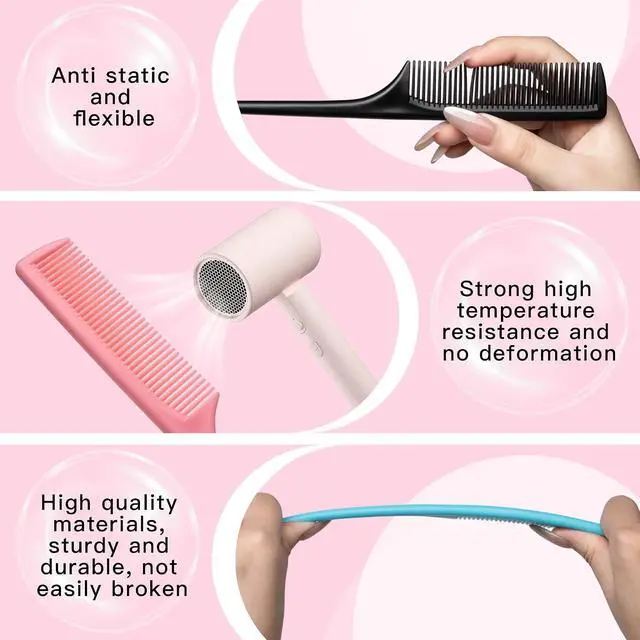 Alt view image 4 of 7 - 4 Pcs Rat Tail Comb Set for Women -Fine Tooth Styling comb with Pick, Anti-Static Heat Resistant Teasing Comb,Professional Hair Parting Tools for Smooth Detangling, Updos & Salon-Perfect Hairstyles.