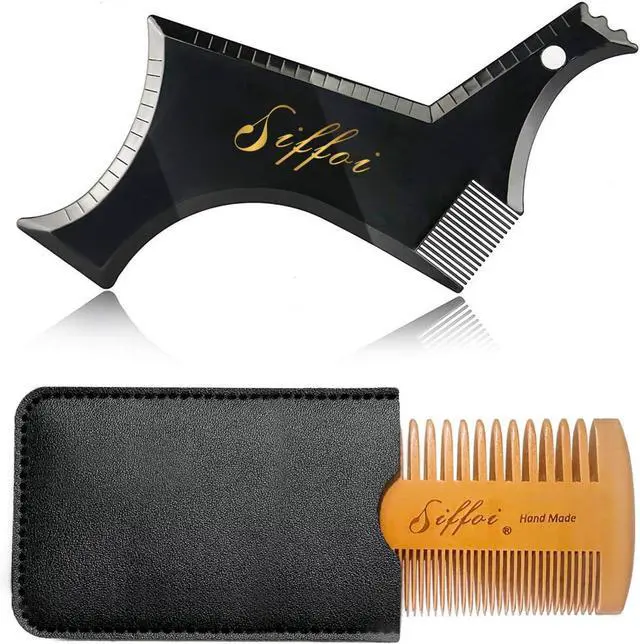 Main image of 3PK Set Men's Beard Shaper Styling Tool with Pocket Wooden Comb & PU Cover | 2026 Version Tidy Beard Styling at Home or Traveling, Helps Create Symmetrical Beard Outlines with Wooden Pocket Beard Comb
