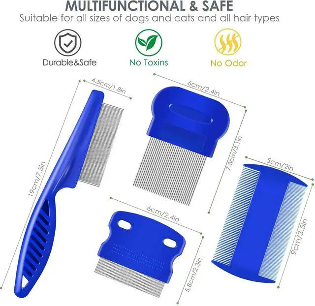 Alt view image 6 of 7 - 4 Pack Flea Lice Comb, Stainless Steel Dog Cat Grooming Combs with Rounded Teeth, Double Sided Professional Pet Tear Stain Remover, Dematting Tool for Small, Medium & Large Pets