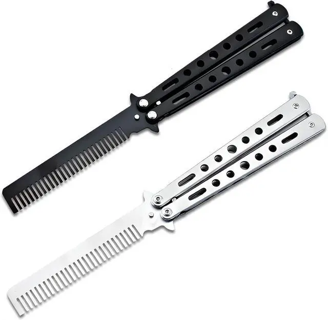 Main image of 2 Pieces Stainless Steel Folding Practice Combs Available in Black and Silver, Foldable Hair Styling Tools for Sports and Outdoor Use, Silver+Black