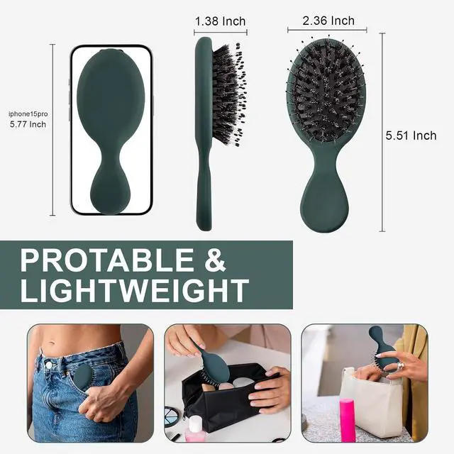 Alt view image 2 of 7 - Mini Boar Bristles Hair Bursh, Travel Size Hair Brush for Women Men Kids, Protable Small Hair Brushes for Pockets Purses, Mini Hair Brush for Smooth Add Shine (1 Pack-Green)