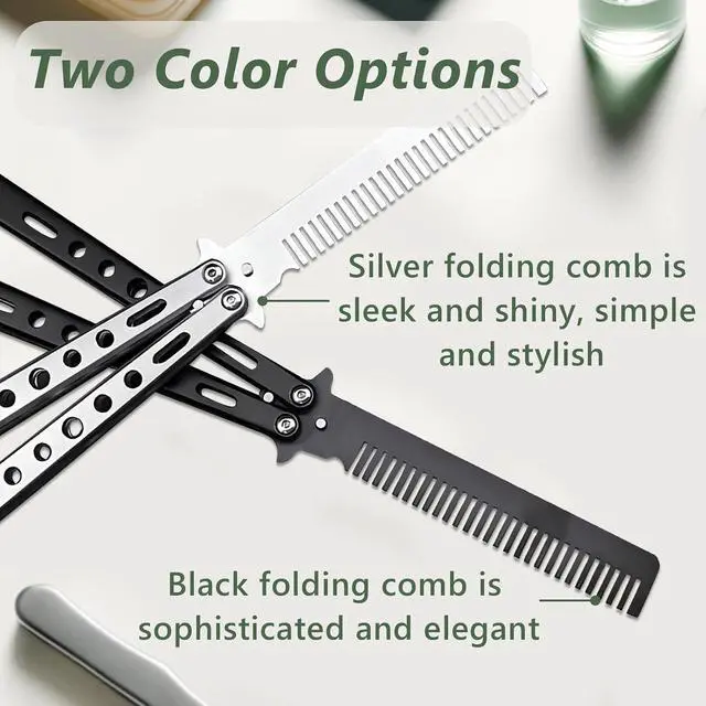 Alt view image 7 of 7 - 2 Pieces Stainless Steel Folding Practice Combs Available in Black and Silver, Foldable Hair Styling Tools for Sports and Outdoor Use, Silver+Black