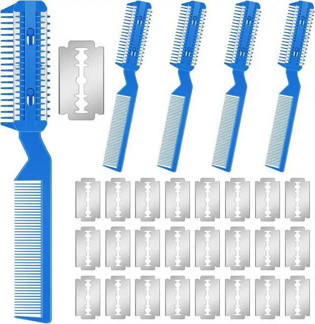 Main image of Yinkin 5 Pieces Razor Comb for Dogs Hair Grooming Trimmer for Pet Razor Comb with 25 Extra Blades Manual Dog Hair Trimmer Double Edge for Cats Hair Cutting Tool(Blue)
