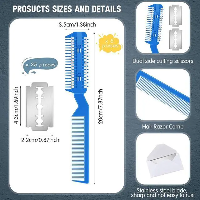 Alt view image 2 of 7 - Yinkin 5 Pieces Razor Comb for Dogs Hair Grooming Trimmer for Pet Razor Comb with 25 Extra Blades Manual Dog Hair Trimmer Double Edge for Cats Hair Cutting Tool(Blue)