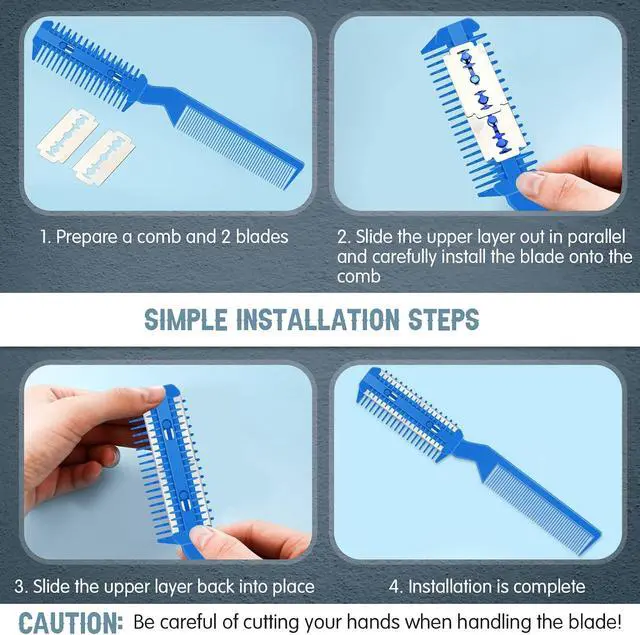 Alt view image 3 of 7 - Yinkin 5 Pieces Razor Comb for Dogs Hair Grooming Trimmer for Pet Razor Comb with 25 Extra Blades Manual Dog Hair Trimmer Double Edge for Cats Hair Cutting Tool(Blue)