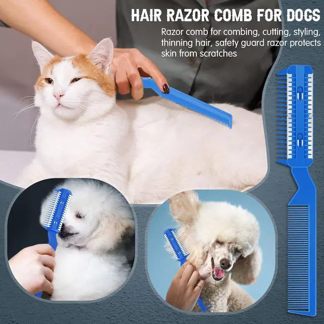 Alt view image 5 of 7 - Yinkin 5 Pieces Razor Comb for Dogs Hair Grooming Trimmer for Pet Razor Comb with 25 Extra Blades Manual Dog Hair Trimmer Double Edge for Cats Hair Cutting Tool(Blue)