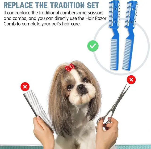 Alt view image 6 of 7 - Yinkin 5 Pieces Razor Comb for Dogs Hair Grooming Trimmer for Pet Razor Comb with 25 Extra Blades Manual Dog Hair Trimmer Double Edge for Cats Hair Cutting Tool(Blue)