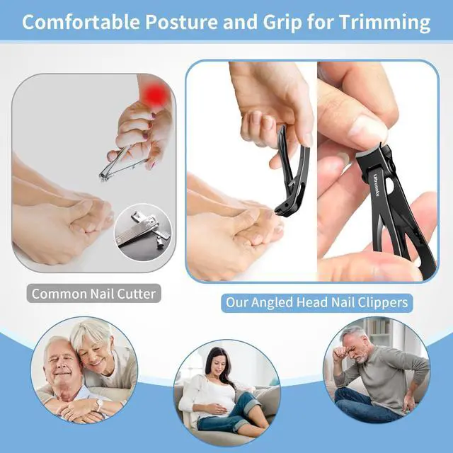 Alt view image 2 of 7 - Toenail Clippers for Seniors Men, Long Handle Angled Head Toe Nail Cutter | Wide Opening Heavy Duty Sharp Fingernail Clipper with Catcher Black 2-Pack