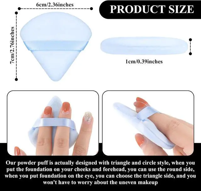 Alt view image 2 of 7 - Maitys 12 Pcs Powder Puff Triangle,2.76 Inch,Black, White, Blue | Face Makeup Cosmetic for Women Velour Makeup Sponge for Foundation and Loose Powder, Washable Reusable Tool, Wet Dry Use