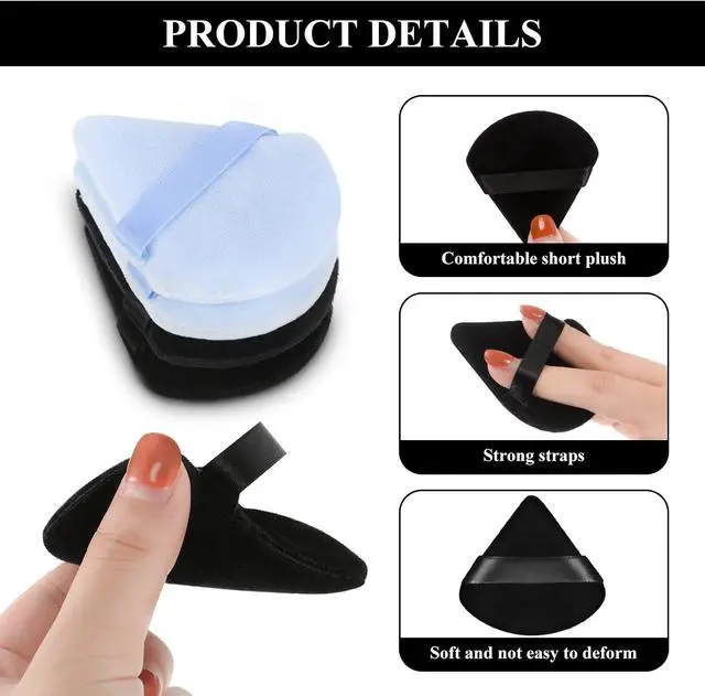 Alt view image 4 of 7 - Maitys 12 Pcs Powder Puff Triangle,2.76 Inch,Black, White, Blue | Face Makeup Cosmetic for Women Velour Makeup Sponge for Foundation and Loose Powder, Washable Reusable Tool, Wet Dry Use