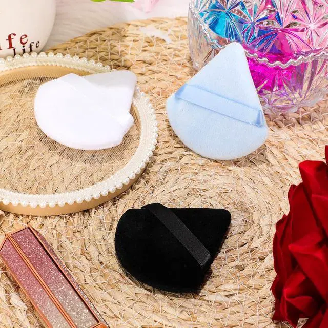 Alt view image 7 of 7 - Maitys 12 Pcs Powder Puff Triangle,2.76 Inch,Black, White, Blue | Face Makeup Cosmetic for Women Velour Makeup Sponge for Foundation and Loose Powder, Washable Reusable Tool, Wet Dry Use
