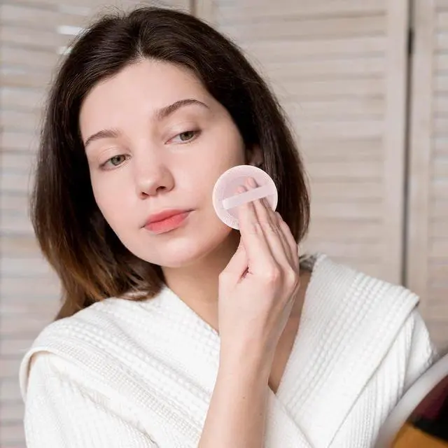 Alt view image 6 of 7 - 12 Pcs Round Puffs Setting 2.3'' Cotton Cosmetic Puffs Velour Face Makeup Compact Makeup Sponge Cushion Puff Loose Make Up Sponges for Foundation Setting Powder