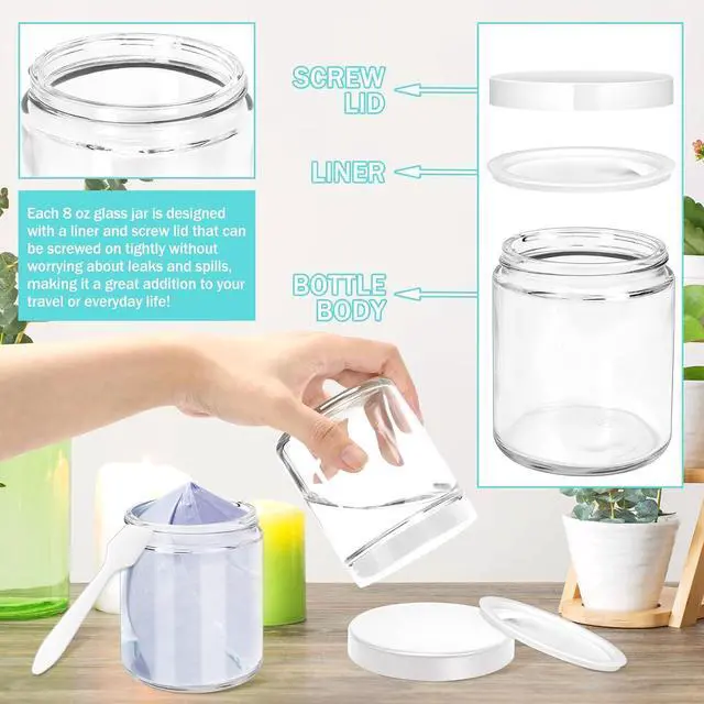 Alt view image 5 of 7 - 2 Pack 8oz Glass Jars with Lids, Round Glass Jars with Spatulas, Inner Liners and White Lids, Empty Cosmetic Containers Travel Toiletries Container for Lotion, Cream, Makeup, Cosmetic, Slime