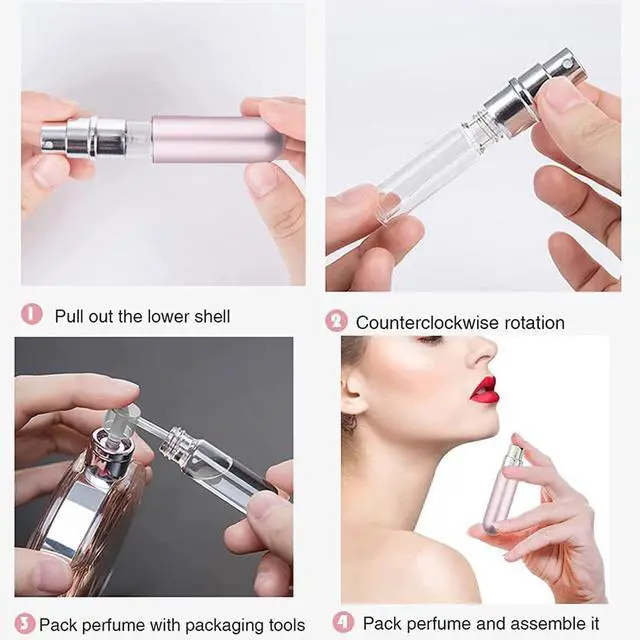 Alt view image 5 of 7 - Travel Refillable Perfume Atomisers, 5ML, 3 Pcs Mini Portable Spray Bottles, Round Tube Set With 1 Flat Separated Tool, for Home Business Trip (Black+Blue+Champagne)(4pcs)