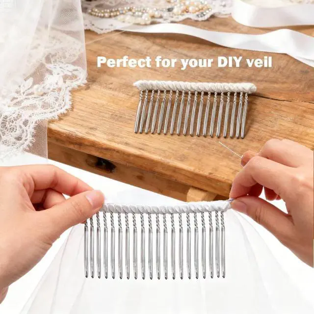 Alt view image 3 of 3 - Long 20 Teeth Ribbon-wrapped Metal Comb 8cm x 4.5cm Perfect For Holding Any Long Wedding Veils In Place 2Pcs(White)