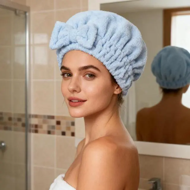 Alt view image 3 of 4 - HOPESHINE Microfiber Hair Towel Cap for Women Wet Short or Long Curly Hair Super Absorbent Quick Dry Turbans Anti Frizz Great Gift for Women and Girls (Blue, 1)