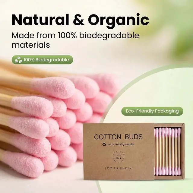 Alt view image 2 of 7 - Pink Cotton Swabs 200pcs Natural Cotton Buds Biodegradable Organic Double Tips for Ear Wax Removal (200PCs,Pink) | for Makeup Touch-Ups & Everyday Beauty Care, Gentle on Sensitive Skin