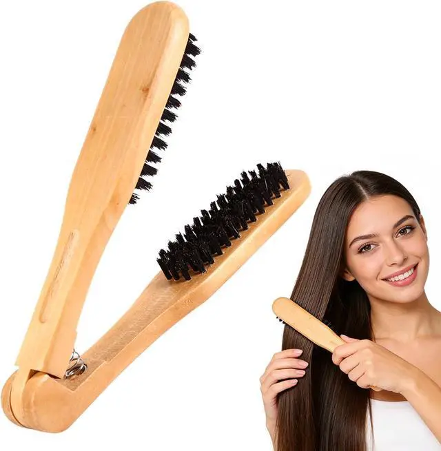 Main image of Wooden Hair Straightening Brush Comb, Double Sided Bristle Brush, Clamp Hair Straightenner for Smoothing and Straightening, Professional Hairdressing Anti-static Comb