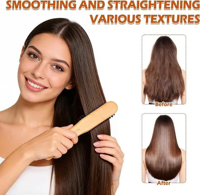 Alt view image 3 of 7 - Wooden Hair Straightening Brush Comb, Double Sided Bristle Brush, Clamp Hair Straightenner for Smoothing and Straightening, Professional Hairdressing Anti-static Comb