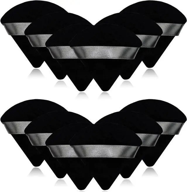 Main image of 12 Pieces Black Cosmetic Powder Puff,2.76 inch Portable Soft Sponge Setting Face Puffs,Triangle Velvet Powder Puff with Ribbon Band Handle for Loose Powder Body Powder Makeup Tool
