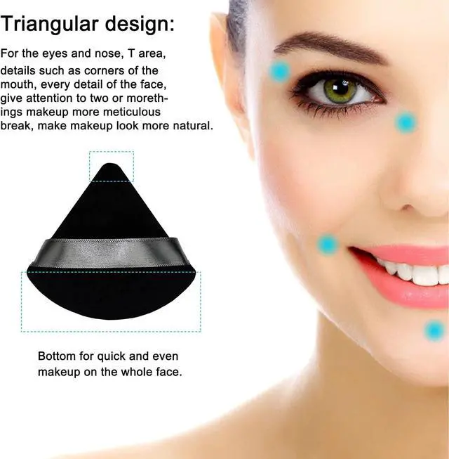 Alt view image 2 of 7 - 12 Pieces Black Cosmetic Powder Puff,2.76 inch Portable Soft Sponge Setting Face Puffs,Triangle Velvet Powder Puff with Ribbon Band Handle for Loose Powder Body Powder Makeup Tool