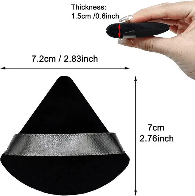 Alt view image 3 of 7 - 12 Pieces Black Cosmetic Powder Puff,2.76 inch Portable Soft Sponge Setting Face Puffs,Triangle Velvet Powder Puff with Ribbon Band Handle for Loose Powder Body Powder Makeup Tool