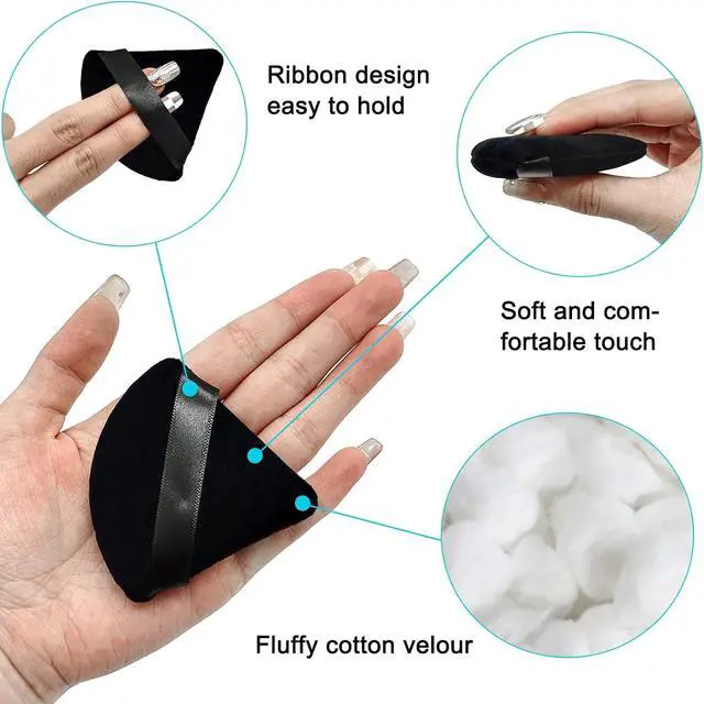 Alt view image 4 of 7 - 12 Pieces Black Cosmetic Powder Puff,2.76 inch Portable Soft Sponge Setting Face Puffs,Triangle Velvet Powder Puff with Ribbon Band Handle for Loose Powder Body Powder Makeup Tool