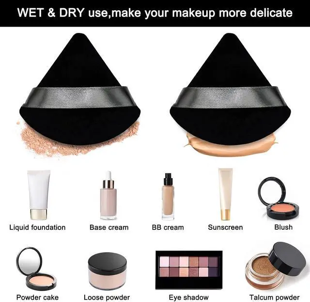 Alt view image 5 of 7 - 12 Pieces Black Cosmetic Powder Puff,2.76 inch Portable Soft Sponge Setting Face Puffs,Triangle Velvet Powder Puff with Ribbon Band Handle for Loose Powder Body Powder Makeup Tool