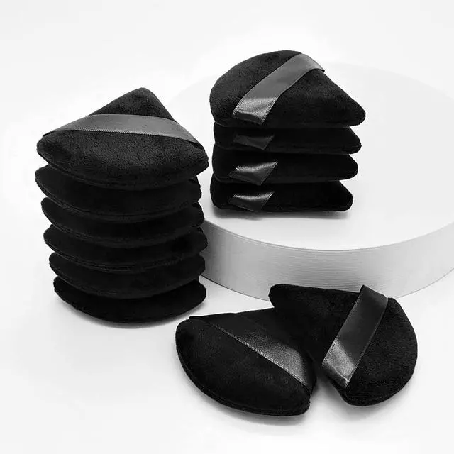 Alt view image 7 of 7 - 12 Pieces Black Cosmetic Powder Puff,2.76 inch Portable Soft Sponge Setting Face Puffs,Triangle Velvet Powder Puff with Ribbon Band Handle for Loose Powder Body Powder Makeup Tool