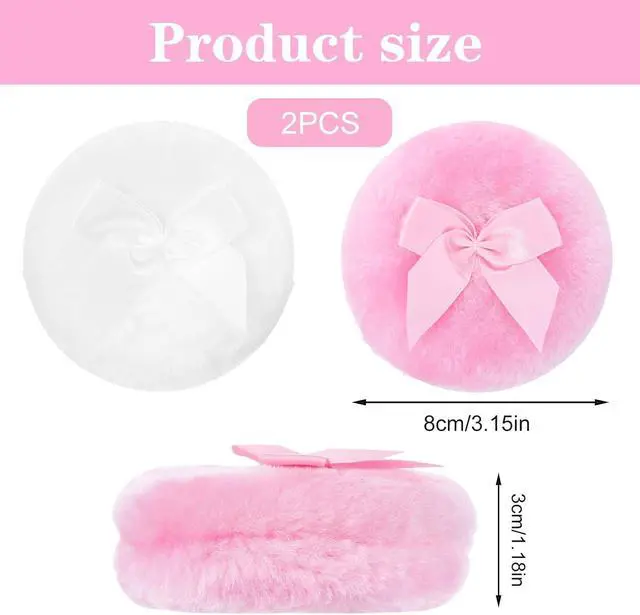 Alt view image 2 of 7 - Large Fluffy Powder Pad, 2Pcs 3.5 Inch Body Dusting Puffs | 1.2in Thickened Fluffy Puffs,Washable Reusable Soft Body Powder Pad, Wet And Dry Dual Use, Powder Loose Puff, Cute Bow Handle